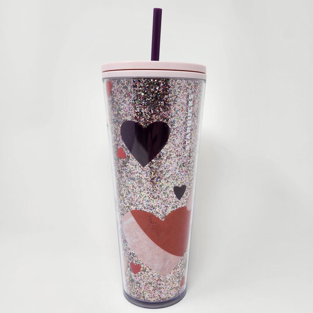 Starbucks 2021 Heart Glitter Valentine Cold Cup Pink Red Purple w/ Purple Straw